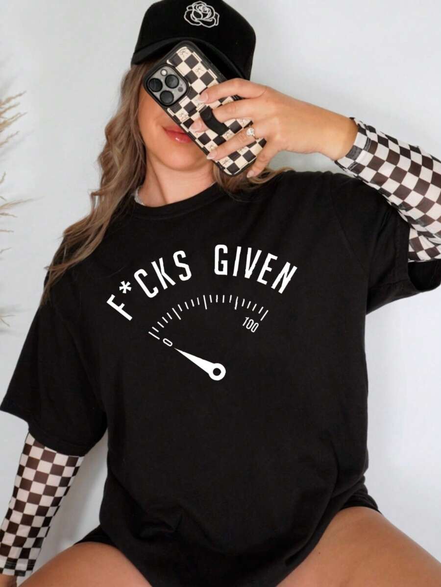 1pc Camisetas para mujer, Camisetas Para Hombre, cuello redondo, estilo urbano juvenil, estampado FCKS GIVEN con diseño de medidor, para jóvenes y adultos, ideal para uso casual y streetwear - Negro - Ver 1
