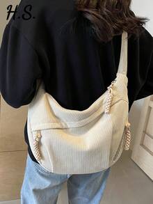 1pc Plain Corduroy Crescent Bag, Minimalist Lightweight Foldable  With Multiple Pockets & Zipper Closure, Casual Crossbody Messenger - Beige - View 1