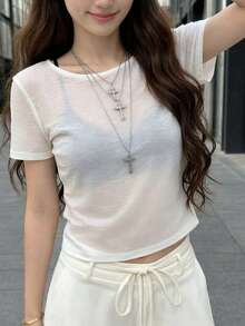 Y2K Stretchy See-Through Short Sleeve Round Neck Slim Fit T-Shirt Going Out Tops White Summer - White - View 2