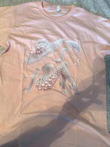 Pink Pearl Beaded Print Women Cotton Tee, French Retro Lady Graphic Rhinestone Top, Loose Crew Neck Short Sleeve Casual Summer T-Shirt, Vintage Hippie - 粉色 - 查看 5