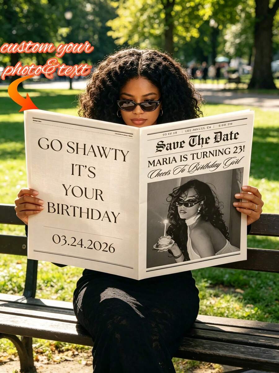 1件可編輯生日派對報紙,可客製化生日邀請報紙,個性化「Go Shawty It's Your Birthday」照片模板,可列印生日公告,趣味派對邀請函,生日慶祝裝飾,照片紀念品 - 彩色 - 查看 1