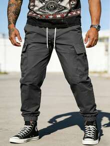 Plus Size Men's Casual Cargo Pants, Drawstring Waist Multi-Pocket Outdoor Sports Pants Fall - Grey - View 2