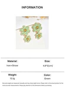 OOQ 1 Pair Summer Vacation Bohemian Style Handmade Woven Rattan Colorful Flower Raffia Earrings, Niche Design Minimalist Premium Ins Style Floral Tassel Earrings Suitable For Women's Daily, Vacation And Party Wear (Handmade Woven With Random Directional Texture) - Green - View 6