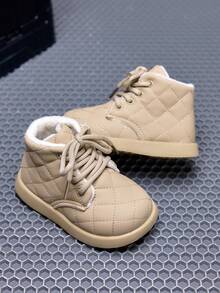 1 Pair Kids' Autumn/Winter Diamond Quilted Thermal Lined Ankle Boots, Soft Sole Anti-Slip Warm Lace-Up Snow Boots For Boys And Girls - Khaki - View 3