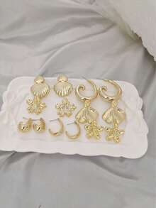 Juego de 2-7 pares de aretes tipo cuff para oreja con flores y conchas en oro desgastado vintage, estilo de diseñador de nicho, mezcla de múltiples formas, aretes de botón para uso diario - Dorado - Ver 6