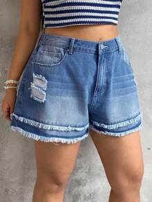 Shorts vaqueros de talla grande con lavado, desgastados y dobladillo deshilachado para el verano - Azul - Ver 5