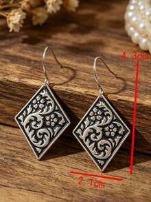 1 par de pendientes vintage con relieve de rombo y flores, pendientes colgantes geométricos tallados, joyería de oreja estilo retro de la corte - Plata antigua - Ver 2