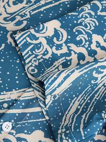 Men's Summer Casual Short Sleeve Button- Shirt - Breathable Polyester Non-Stretch Fabric, Regular Fit Lapel Collar With Ocean Wave Print Plus Size - Blue - View 4