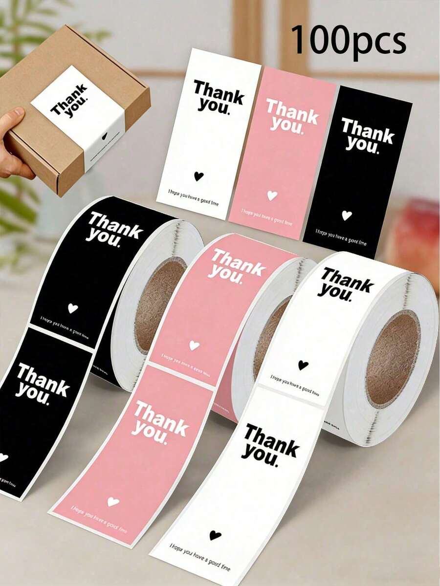 Pink Thank You Stickers | Rectangular Sealing Labels For Gift Packaging, Decorative Labels For Gift Boxes And Baking Boxes, Glossy Paper, Disposable - A - View 1