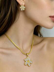 3pcs/1set, Stainless Steel Vintage Elegant Casual Six-Petal Flower Pendant Necklace And Earrings Set, Suitable For Women And Girls, Can Be Used As Mother's Gift, Christmas, Thanksgiving, Halloween, Wedding, Carnival Party/Ball/Gathering/Daily/Beach Accessory, Anniversary, Valentine's Day, Bohemian Style Jewelry, Birthday, Bridesmaid Gift. - Jewelry Set - View 6