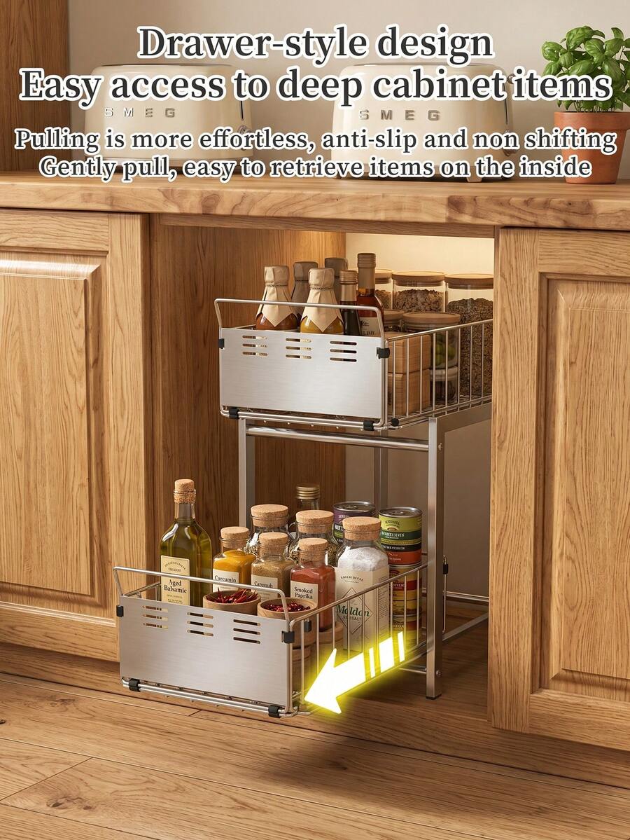 2-Tier Pull Out Cabinet Organizer,Rustproof Stainless Steel Sliding Spice Storage Rack,Space Saving Under Sink Pantry Organizer For Spices,Oil Bottles,Canned Food&Kitchen Accessories,Easy Install For Pantry,Countertop&Under Sink Kitchen Organization - Multicolor - View 1