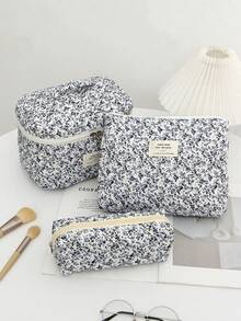 3pcs Set Pastoral Floral Makeup Bag Set, Desktop Makeup & Skincare Organizer For Accessories, 3 Scientific Sizes Large/Medium/Small To Neatly Store Powder, Lipstick, Earphones And Travel Bottles, Soft Skin-Friendly Fabric With Padded Lining For Basic Shock Protection To Prevent Daily Scratches, Also Can Be Used As Coin Purse Or Mini Crossbody Bag - Multicolor - View 3