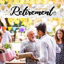 Striscione per il pensionamento felice nero e oro con palloncini scintillanti, design con fotocamera e viaggio, cartello da cortile 185 * 40cm in fibra di poliestere, superficie per decorazione sfondo festa di pensionamento per esterno e interno con fibbia in metallo, forniture per festa di celebrazione del pensionamento - Visualizzare 5