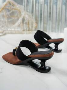 Women's Square Toe High Heel Sandals With Metal Stud Toe Ring, Fashionable Comfortable Versatile For Summer Vacation And Commuting - Black - View 5