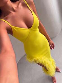 Sexy Spaghetti Strap Deep V Asymmetric Mesh Ruffle Hem Bandage Dress - Yellow - View 1