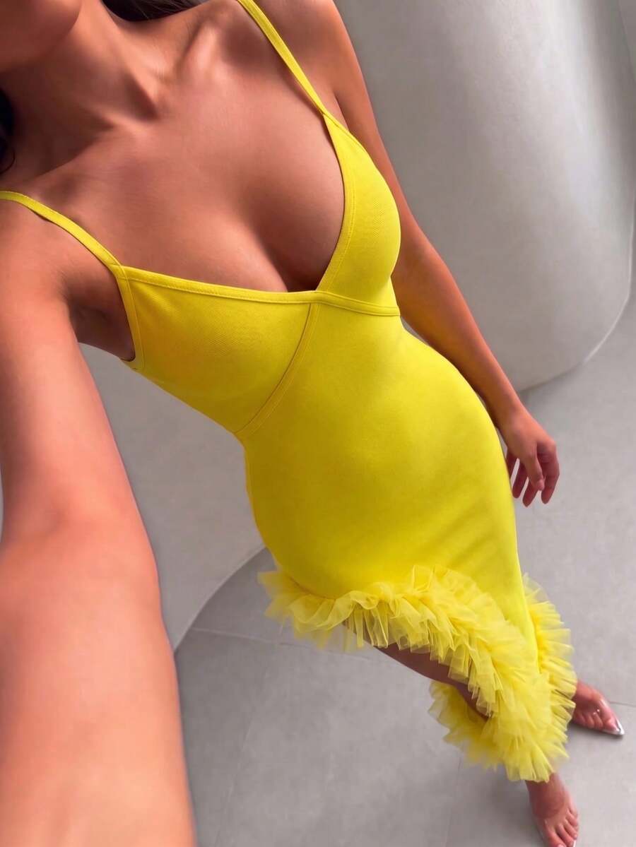 Sexy Spaghetti Strap Deep V Asymmetric Mesh Ruffle Hem Bandage Dress - Yellow - View 1