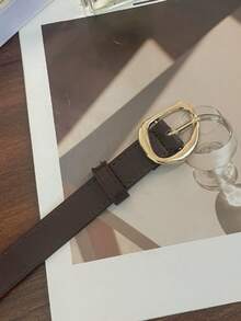 1 pezzo Cintura in pelle nera stile minimalista versatile per donna, adatta per jeans, pantaloni casual, abiti, cintura decorativa alla moda per la vita, fibbia in oro premium, cintura asimmetrica in oro per donna - Beige - Visualizzare 8
