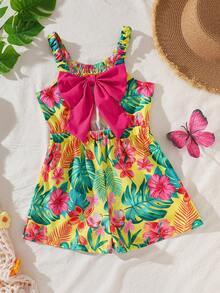 Young Girls' Tropical Print Spaghetti Strap Backless Bow Design Beach Jumpsuit, Spring/Summer - Multicolor - View 2