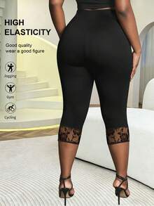 Pantalones de yoga de talle alto y unicolor con control de abdomen para mujer de talla grande, diseño con encaje, tela elástica y cómoda, adecuado para uso casual y deportivo en primavera - Negro - Ver 5