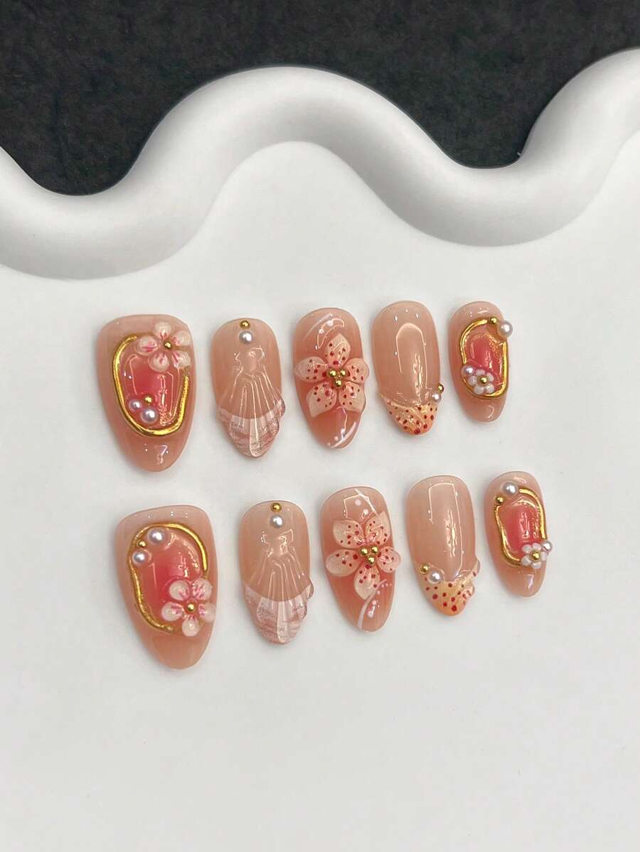 10pcs/Set Y2K Semi-Handmade Short Oval 3D Gel Polka Dot & Yellow French Press-On Nails, With 3D Flower, Gold Pearl, Rhinestone Design, Spring/Summer Manicure, Full Coverage Acrylic False Nails, Suitable For Women's Daily Work And Party Use