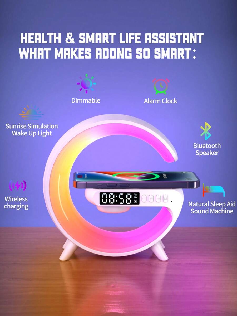 無線充電器 + 環境燈 + 藍牙喇叭 + 鬧鐘 4合1藍牙喇叭，多色LED RGB環境夜燈，附SD卡槽及其他功能，適用於室內外多種場景