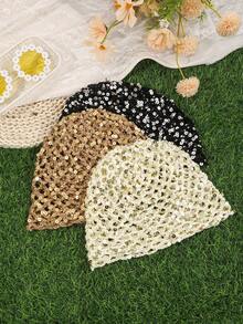 1pc/3pcs Beach Fashion Versatile Solid Color Hollow Sequin Knit Beanie - Multicolor - View 23