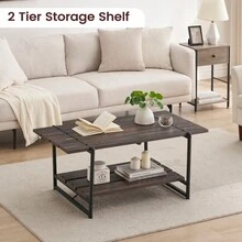 Hodeffior Industrial Coffee Table With 2 Tier Storage Shelf, Rustic Farmhouse Centre Table With Wood Slat Top And Metal Frame, Living Room Coffee Table For Lounge, Flat, Office Or Reception Area - Dark Oak - View 4