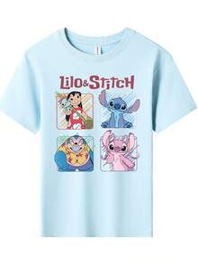 Disney Lilo Stitch Angel And Scrump Graphic Tee For Girls Cute Cartoon Short Sleeve T Shirt Soft Casual Summer Daily Wear - 淺藍色 - 查看 2