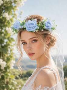 KOVLYNE 1pc Handmade Light Blue Rose Headpiece - Fresh Green Princess Party Flower Crown With Transparent Ribbon, Suitable For Bridal Wedding, Fairy Photography And Summer Occasions - Baby Blue - View 8