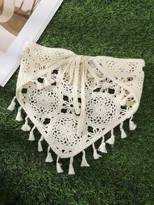 1 Stück beige gestricktes Cut Out Dreiecksschal mit Quasten, Sommer-Haaraccessoires, Strand-Bandanas, Urlaub-Haarbänder - Beige - Übersicht 2