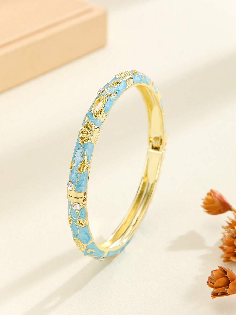 1pc Fashion New Style Gold Plated Exquisite Rhinestone Crown Pattern Enamel Cloisonne Bracelet Bangle Jewelry Gift For Girls Women - Mint Blue - View 1