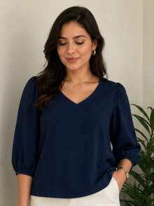 3/4 Length Polyester Blouse, Contrast Knit, Sizes M To XL, Perfect For Daily Wear, Holidays, Office, Home, And Autumn. - 藏蓝色 - 查看 1