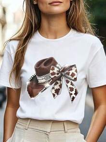 Women's Western Denim Print Top | Round Neck, Loose & Comfortable, Versatile, Casual - Summer Clothing - White Top - White - View 4