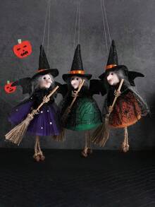 1pc/Set Halloween Witch With Broom And Gauze Dress Hanging Decoration, Horror Prank Ornament For Bar - View 1