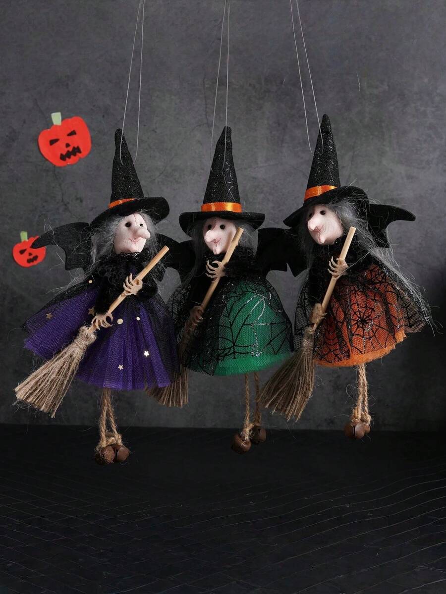 1pc/Set Halloween Witch With Broom And Gauze Dress Hanging Decoration, Horror Prank Ornament For Bar - View 1