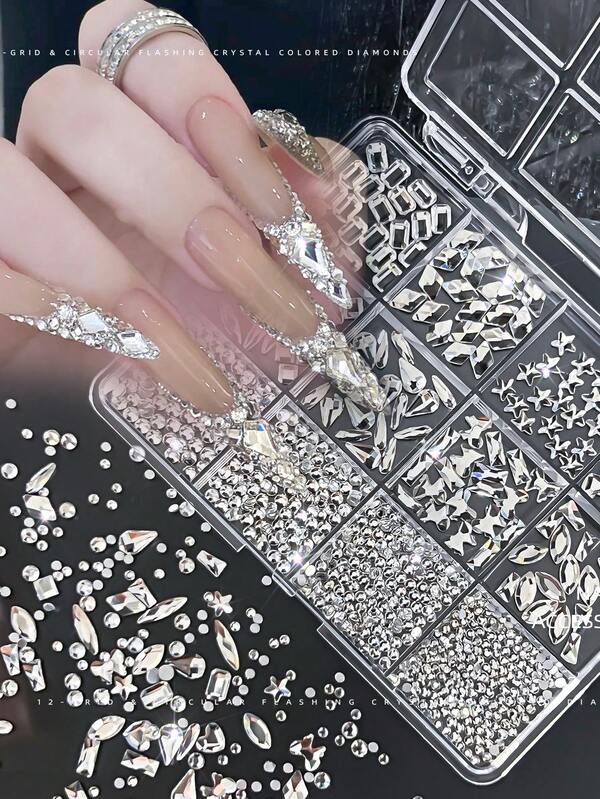 12 Grids Boxed 3D Clear Diamond Nail Art Rhinestones Mixed Round/Star/Heart/Rhombus Crystal Nail Gems Flatback Jewelry Manicure Supplies Nail Charms