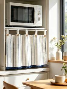 1pc Blue Vertical Stripe Linen Texture Short Cafe Curtain With Navy Pom Poms Farmhouse Rustic Button Light Filtering Half Window Valance For Kitchen Microwave Oven Cabinet Laundry Washing Machine Storage Bathroom Tab Top - Multicolor - View 6