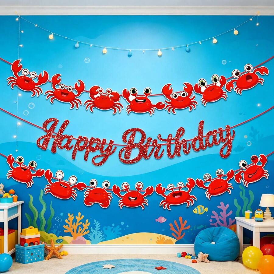 1set Red Glitter Crab Happy Birthday Banner Set,Cartoon Red Crab Cutout Garland,Party Supplies,Home Decor,Room Decor,Happy Birthday Banner,Wall Decor,Bedroom Decor,Beach Pool Hanging Decor,Suitable For Seafood Themed Beach & Pool Birthday Party - A - View 1