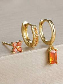 3 piezas/Set Pendientes Naranja Exquisitos, Incluyendo Pendientes de Botón, Pendientes de Aro y Pendientes con Forma de Flor, Adecuados para que las Mujeres los Usen en Citas, Fiestas, Desplazamientos Diarios y Otras Ocasiones. - Juego de pendientes de 3 piezas. - Ver 2