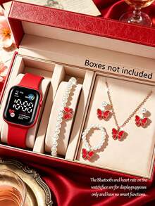 Juego de 6 piezas: Reloj digital LED cuadrado lindo para niñas combinado con pulsera de mariposa de perlas, collar, aretes y anillo, un regalo perfecto para niños. - Rojo - Ver 6