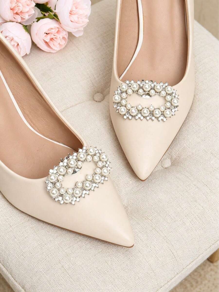 2er Set abnehmbare DIY Schuhaccessoires, Strass Perle Metall quadratische & runde Schnalle Schuhdekoration, modische elegante Schuhclips für Damen High Heels, Schuhe, Büro Business, Braut, Date & Hochzeitsschuhe, Schwarz Weiß Rot - Weiss - Übersicht 1