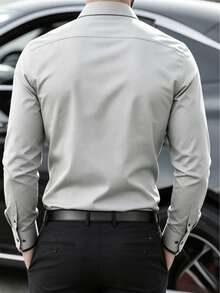 Camicia casual/formale da uomo di colore grigio chiaro, con bottoni singoli, colletto, adatta per l'ufficio, feste, uso casual, versatile, per l'autunno, top a maniche lunghe - Grigio - Visualizzare 3
