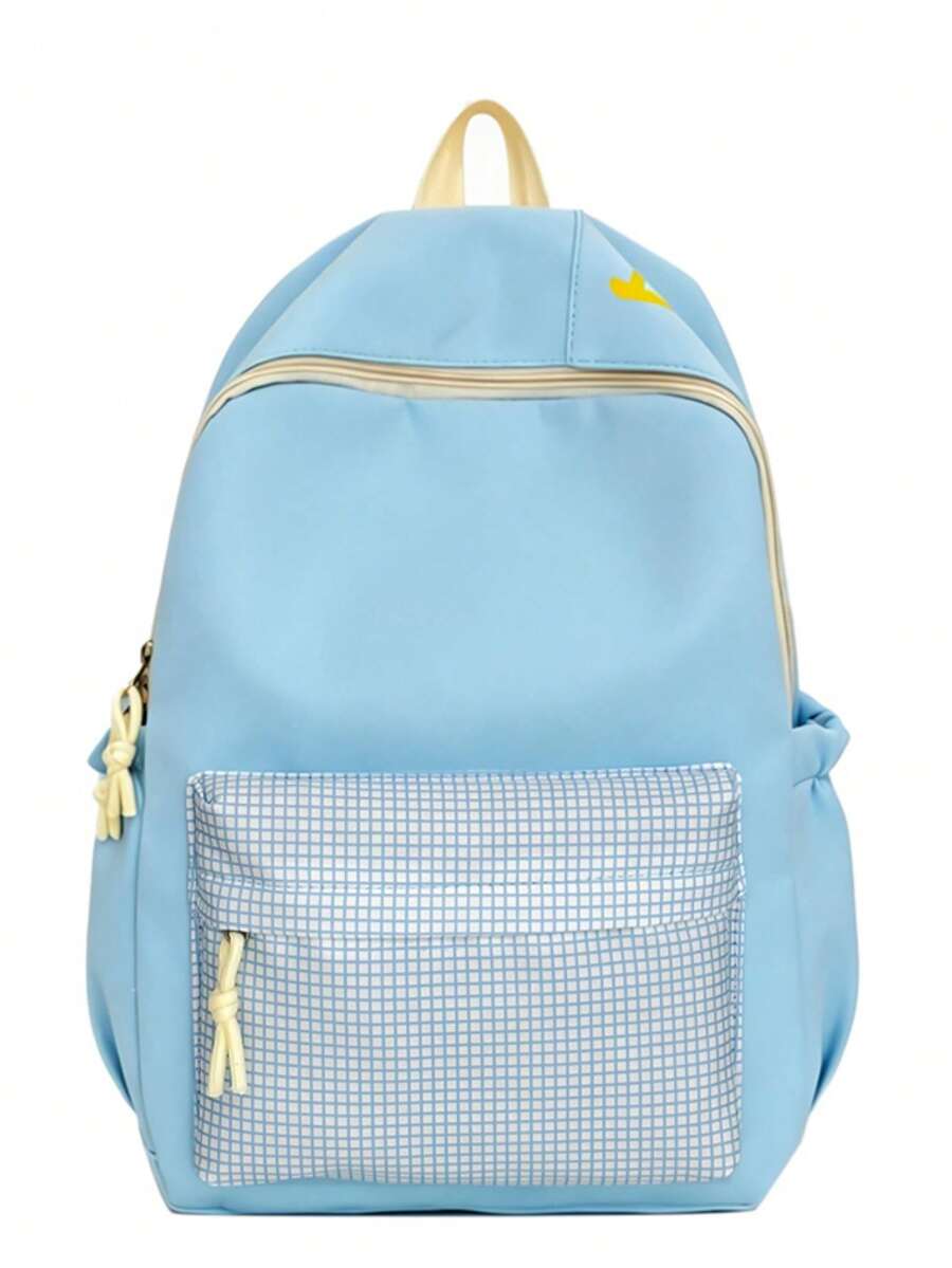 Plaid Soft-Touch Structured Woven Backpack With Wide Padded Shoulder Straps, Front Compartment, Energetic Casual Style For Outings - Multicolor - View 1
