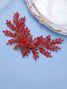 1pc Handmade Red Rhinestone Leaf Headband, Elegant Bridal Hair Accessory For Wedding, Prom, Party - Red - View 2