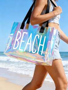 "BEACH" Print Transparent Tote Bag, Colorful Transparent Beach Bag, Large Waterproof PVC Swimming Bag, Portable Transparent Travel Shoulder Bag, Lightweight Durable Pool Bag, Fashion Transparent Handbag Suitable For Beach Vacation, Swimming, Sports Training, Fitness, Travel, Daily Outings, Shopping, Mother's Day, Birthday, Anniversary, Party Gift For Women, Girls, Moms, Friends, Summer Essential - Multicolor - View 5