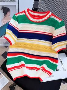 Ice Silk Rainbow Striped Knit Short Sleeve T-Shirt, Fashionable & Youthful Color Block Round Neck Top For Women, Summer Spring Red - Red - View 1