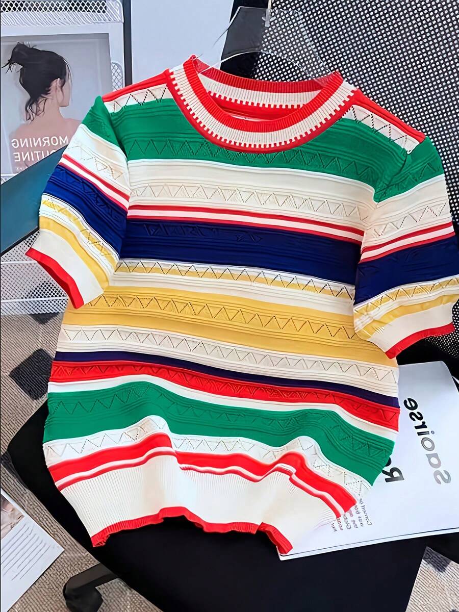 Ice Silk Rainbow Striped Knit Short Sleeve T-Shirt, Fashionable & Youthful Color Block Round Neck Top For Women, Summer Spring Red - Red - View 1