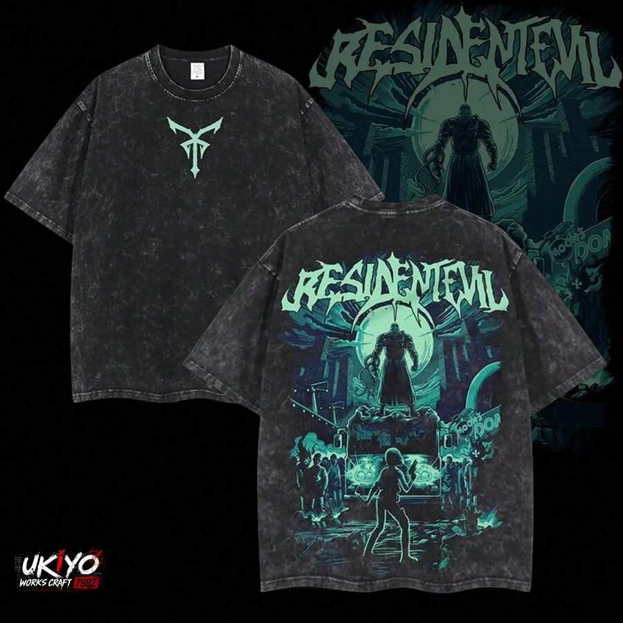 Art V2 Washed T-Shirt, Horror Game, Cotton, With Double-Sided Graphic Design, Unisex, Men's Clothing, Retro Black Style, Vintage, Streetwear, Gaming Top - 黑色 - 查看 1
