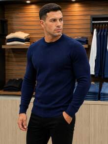Men's Basic Knitting Sweater Round Neck Long Sleeve - Blue - View 3
