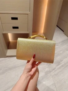 1件歐美時尚金屬裝飾迷你方盒手拿包，高端亮面金屬條飾女款手提包，優雅奢華晚宴包，適合正式禮服，PU皮革派對包/浪漫婚禮手拿包/舞會包/雞尾酒會包，適用於學校舞會，附金屬鏈條 - 金色 - 查看 7